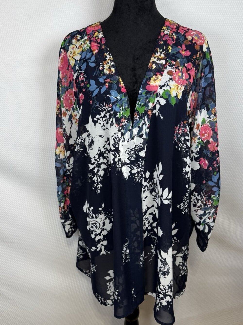 Roz & Ali Kimono Cardigan Womens 2X Plus Pink Blue Floral Sheer Open Front Boho